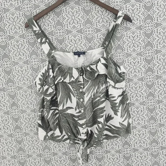 1. State leaves printed button up ruffle tied front tank top L - Picture 1 of 6
